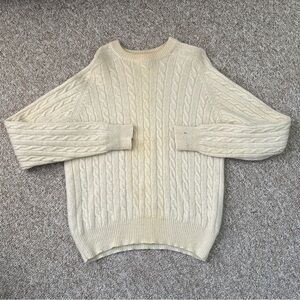 Heather Tweed Wool Cable Knit Cream Crewneck Sweater Medium